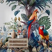 Tropical Parrot Jungle Wall Mural – Colorful Botanical Bird Design