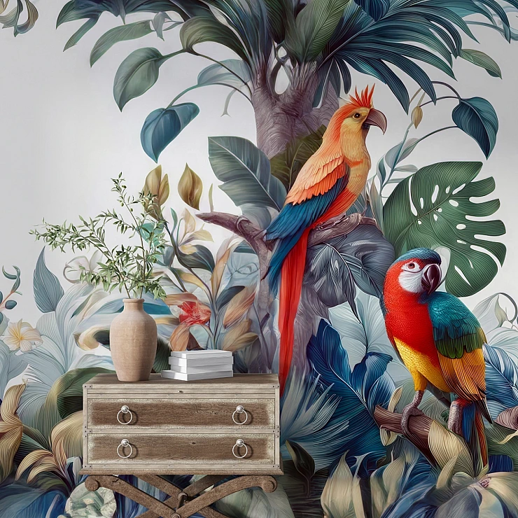 Tropical Parrot Jungle Wall Mural – Colorful Botanical Bird Design