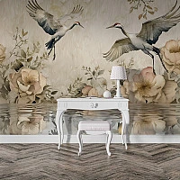 Elegant Crane Floral Wall Mural – Soft Beige Nature Reflection Design