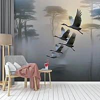 Misty Crane Flight Wall Mural – Serene Foggy Forest Landscape