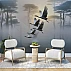Misty Crane Flight Wall Mural – Serene Foggy Forest Landscape