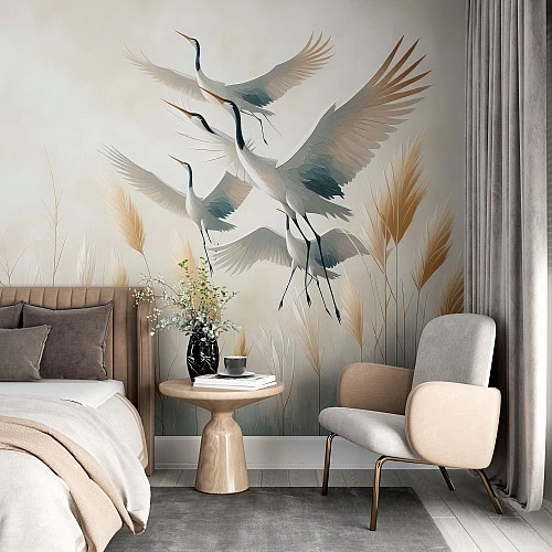 Flying Cranes Wall Mural – Elegant Japanese Bird Nature Design