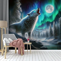Aurora Wolf Wall Mural – Northern Lights Night Landscape Design