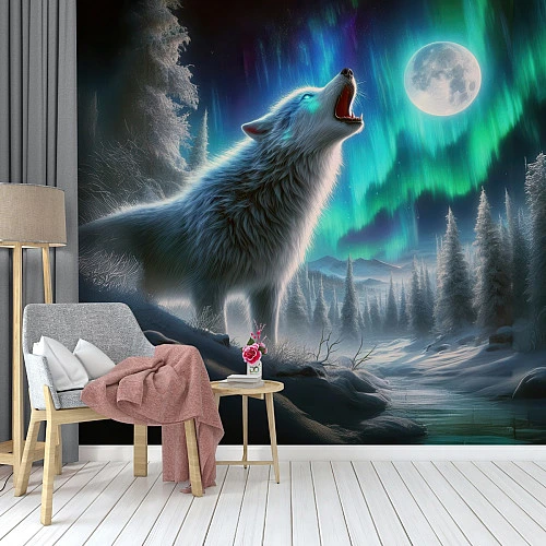 Aurora Wolf Wall Mural – Northern Lights Night Landscape Design
