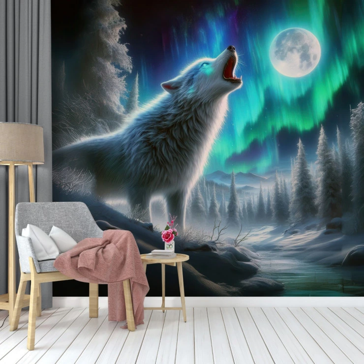Aurora Wolf Wall Mural – Northern Lights Night Landscape Design Aurora Wolf Wall Mural – Northern Lights Night Landscape Design