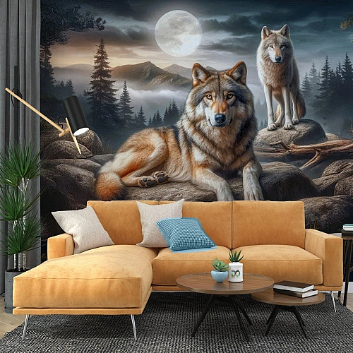 Moonlight Wolves Wall Mural – Wild Forest Night Landscape Design