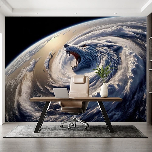 Cosmic Wolf Storm Wall Mural – Fantasy Space Wave Animal Design
