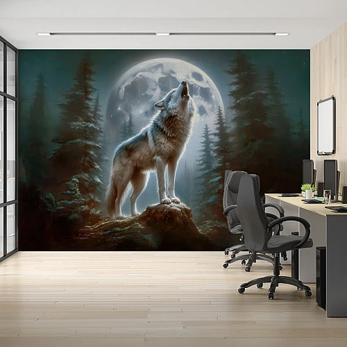 Wolf Moon Forest Wall Mural – Mystical Night Wildlife Design