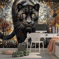 Majestic Black Panther Wall Mural – Golden Eyes Wildlife Art Design