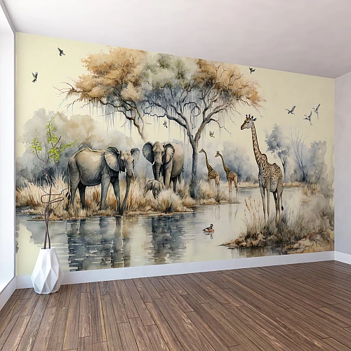 African Safari Wall Mural – Watercolor Wildlife Landscape Design