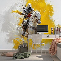 Dynamic Knight on Horse Wall Mural – Bold Yellow Abstract Action Wallpaper