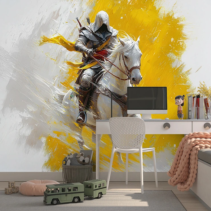 Dynamic Knight on Horse Wall Mural – Bold Yellow Abstract Action Wallpaper
