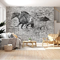Running Horses Wall Mural – Black & White Brick Art Design