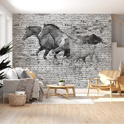 Running Horses Wall Mural – Black & White Brick Art Design