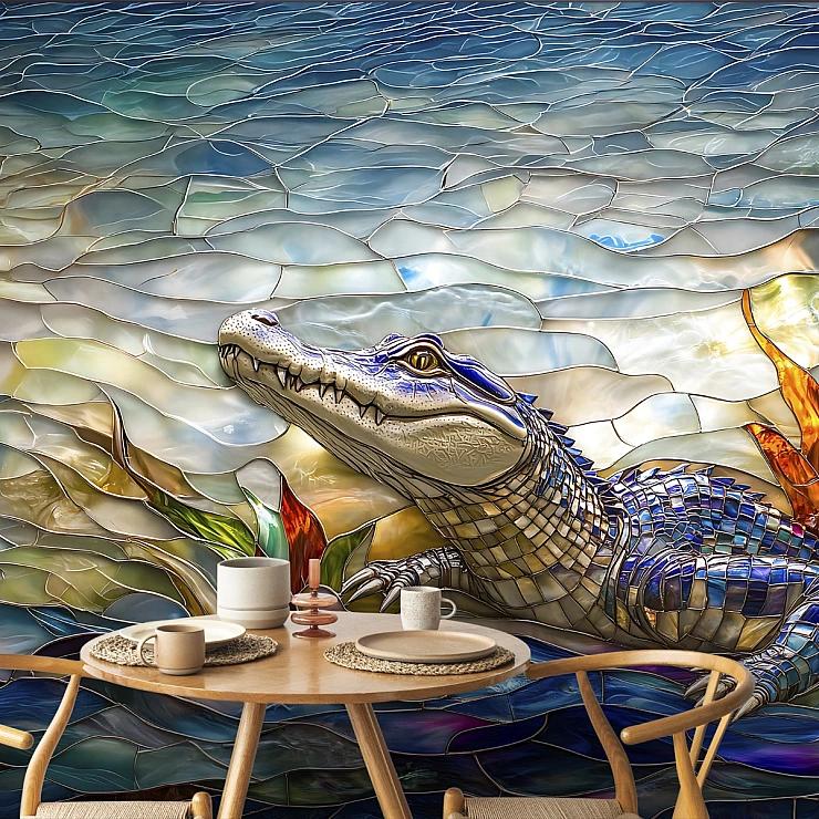 Mosaic Alligator Wall Mural – Artistic Coastal Wildlife Design Mosaic Alligator Wall Mural – Artistic Coastal Wildlife Design