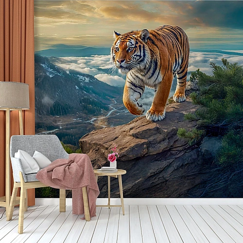 Majestic Tiger Cliff Wall Mural – Wildlife Mountain Landscape Wallpaper for Living Room