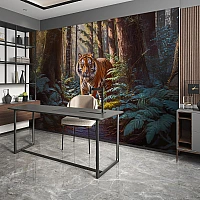 Tiger in Forest Wall Mural – Dramatic Wildlife Nature Scene Design