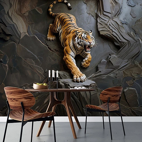 3D Roaring Tiger Wall Mural – Bold Wild Animal Stone Effect Design