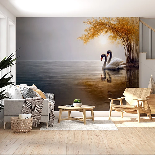 Elegant Swan Lake Wall Mural – Minimal Nature Landscape Wallpaper for Living Room