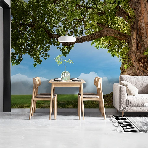 Majestic Tree Canopy Wall Mural – Peaceful Nature Sky Wallpaper for Dining Room