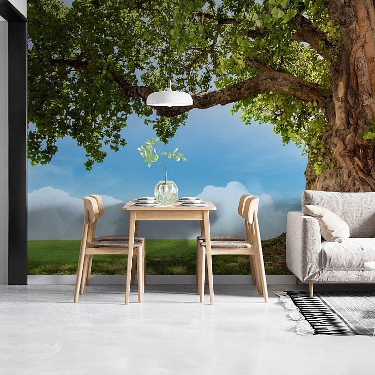 Majestic Tree Canopy Wall Mural – Peaceful Nature Sky Wallpaper for Dining Room