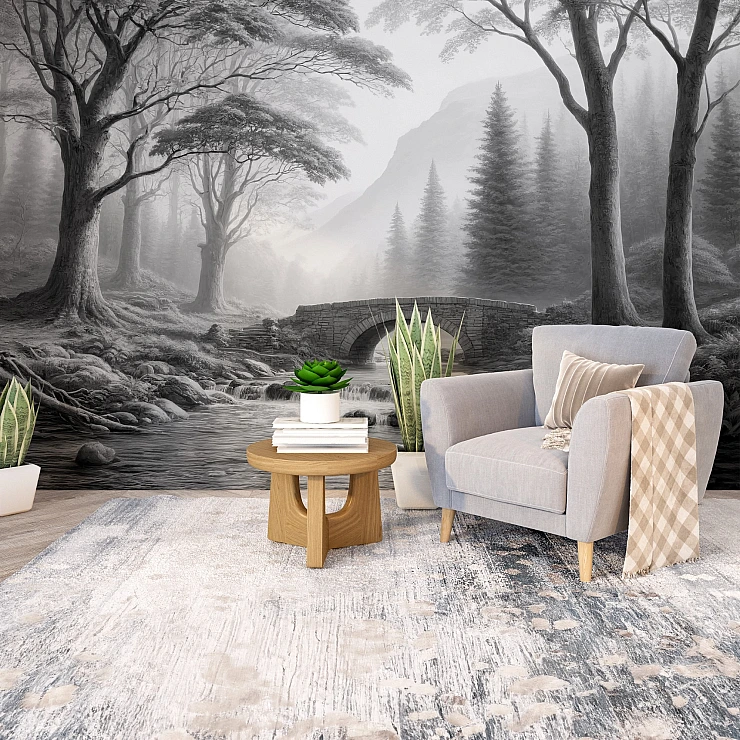 Black and White Forest Wall Mural – Misty Bridge Landscape Design