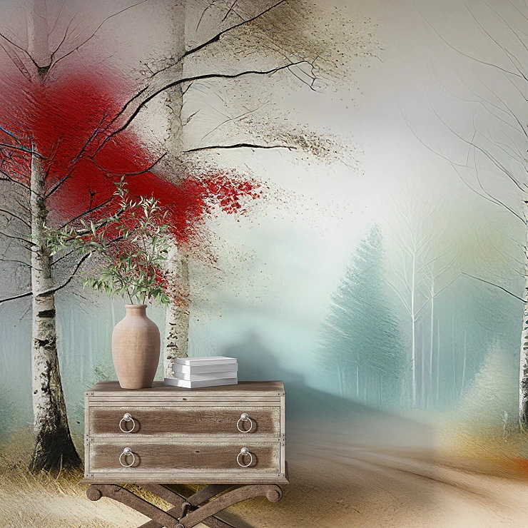 Red Accent Forest Wall Mural – Artistic Misty Path Nature Design