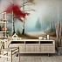 Red Accent Forest Wall Mural – Artistic Misty Path Nature Design
