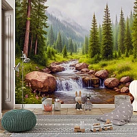 Forest Stream Serenity Wall Mural – Misty Pine Landscape Wallpaper for Kids Room