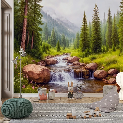 Forest Stream Serenity Wall Mural – Misty Pine Landscape Wallpaper for Kids Room