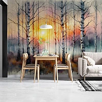 Birch Forest Sunset Wall Mural – Colorful Nature Landscape Design