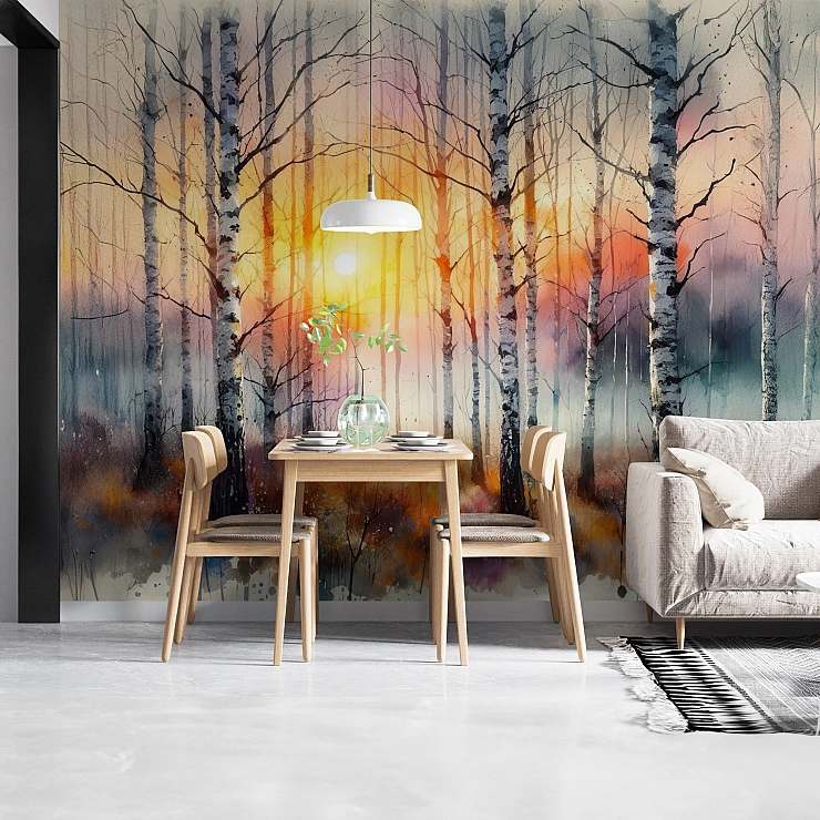 Birch Forest Sunset Wall Mural – Colorful Nature Landscape Design