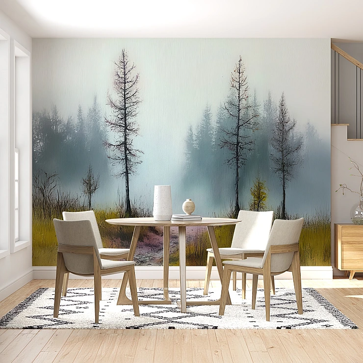 Foggy Meadow Forest Wall Mural – Soft Blue Nature Landscape Design