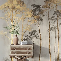 Golden Forest Silhouette Wall Mural – Elegant Minimal Tree Wallpaper for Living Room