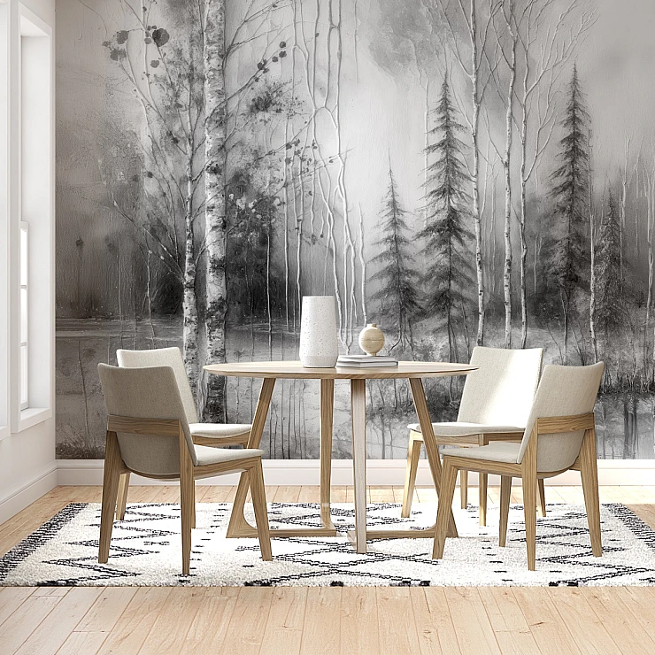 Birch Forest Wall Mural – Soft Grey Minimal Nature Landscape Birch Forest Wall Mural – Soft Grey Minimal Nature Landscape