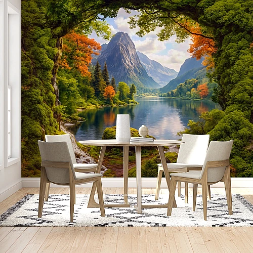 Forest Lake Wall Mural – Mountain View Nature Window Design