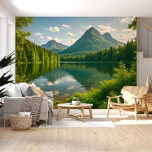 Mountain Lake Wall Mural – Serene Forest Landscape Nature Design