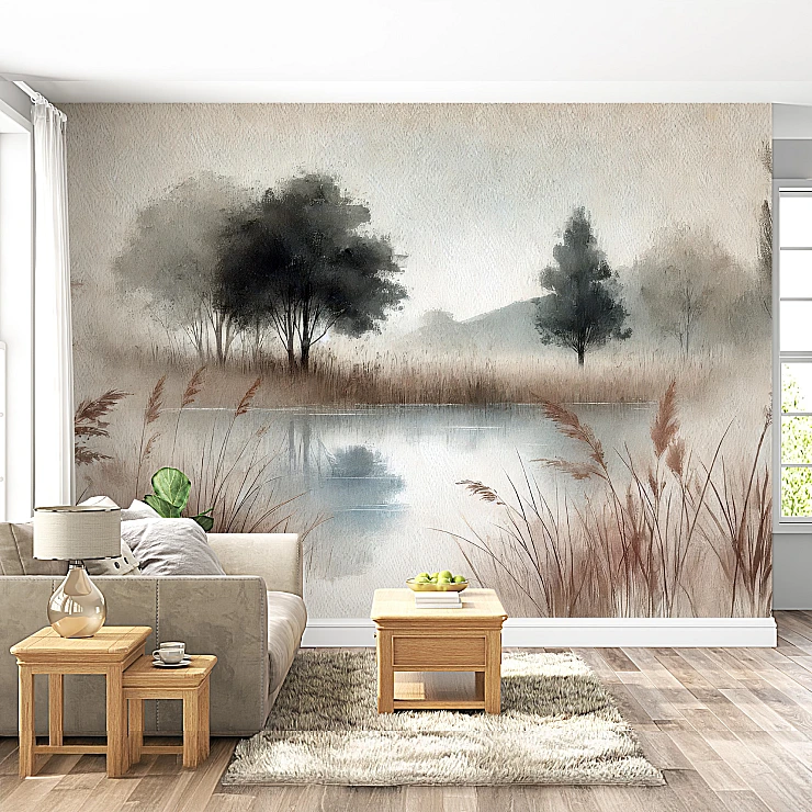 Soft Sepia Lake Wall Mural – Minimal Nature Landscape Design