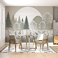 Scandinavian Forest Wall Mural – Minimal Tree Landscape Sun Design