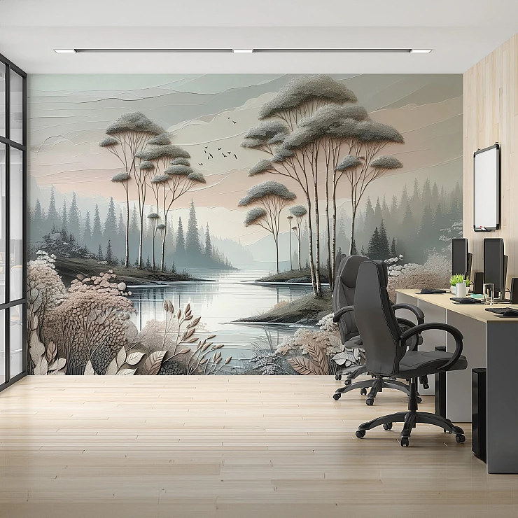 Artistic Lake Forest Wall Mural – Soft Neutral Nature Illustration Design