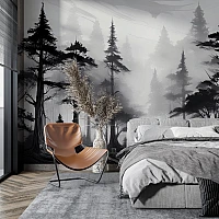 Black Mist Forest Wall Mural – Monochrome Pine Trees Landscape Design