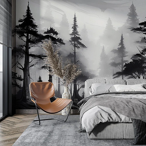 Black Mist Forest Wall Mural – Monochrome Pine Trees Landscape Design