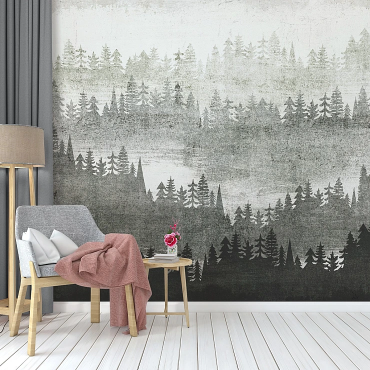 Monochrome Forest Wall Mural – Layered Pine Trees Mist Design