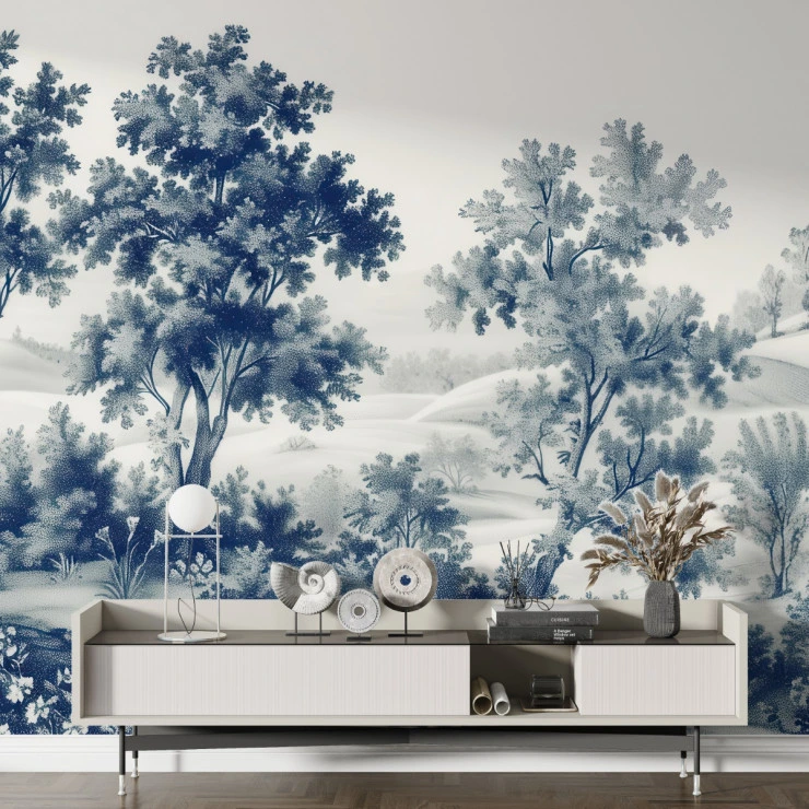 Blue Toile Landscape Wall Mural – Classic French Scenic Design