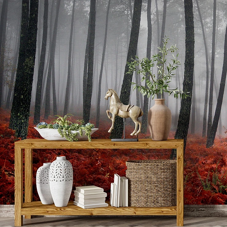 Dark Misty Forest Wall Mural – Red Autumn Ground Nature Design