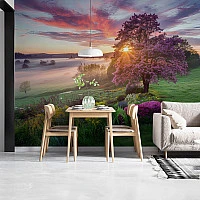 Sunset Blossom Landscape Wall Mural – Romantic Nature Scenic Wallpaper for Living Room