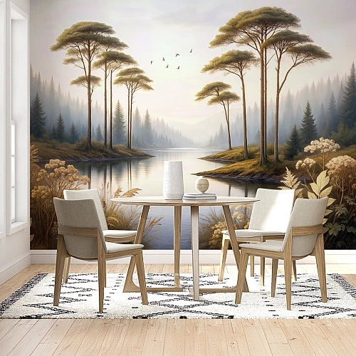 Calm Lake Forest Wall Mural – Serene Pine Landscape Design
