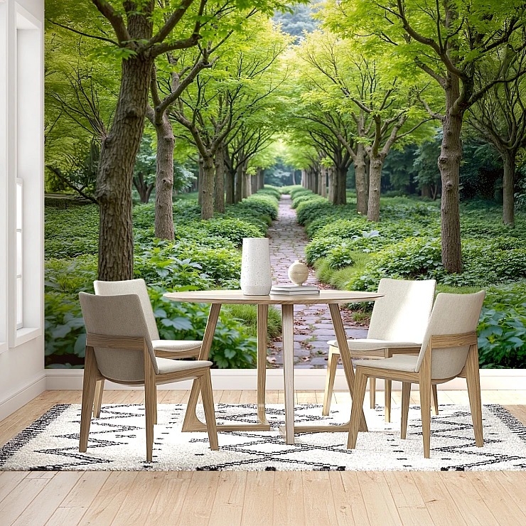 Green Garden Path Wall Mural – Symmetrical Tree Walk Nature Design