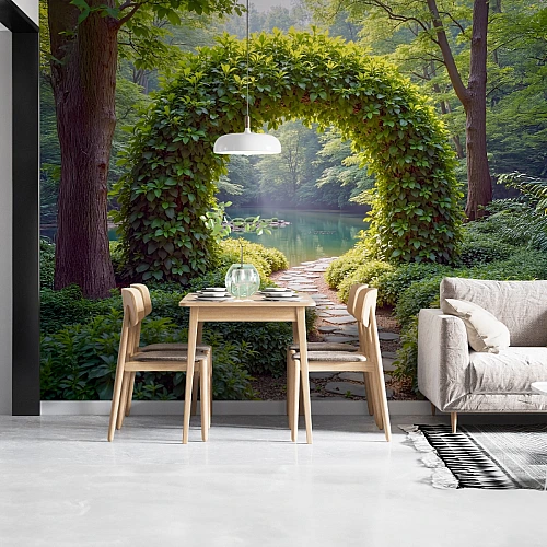 Garden Arch Wall Mural – Serene Green Lake Nature Design