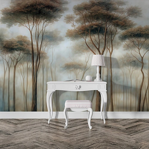 Soft Brown Mist Forest Wall Mural – Elegant Neutral Tree Landscape Design